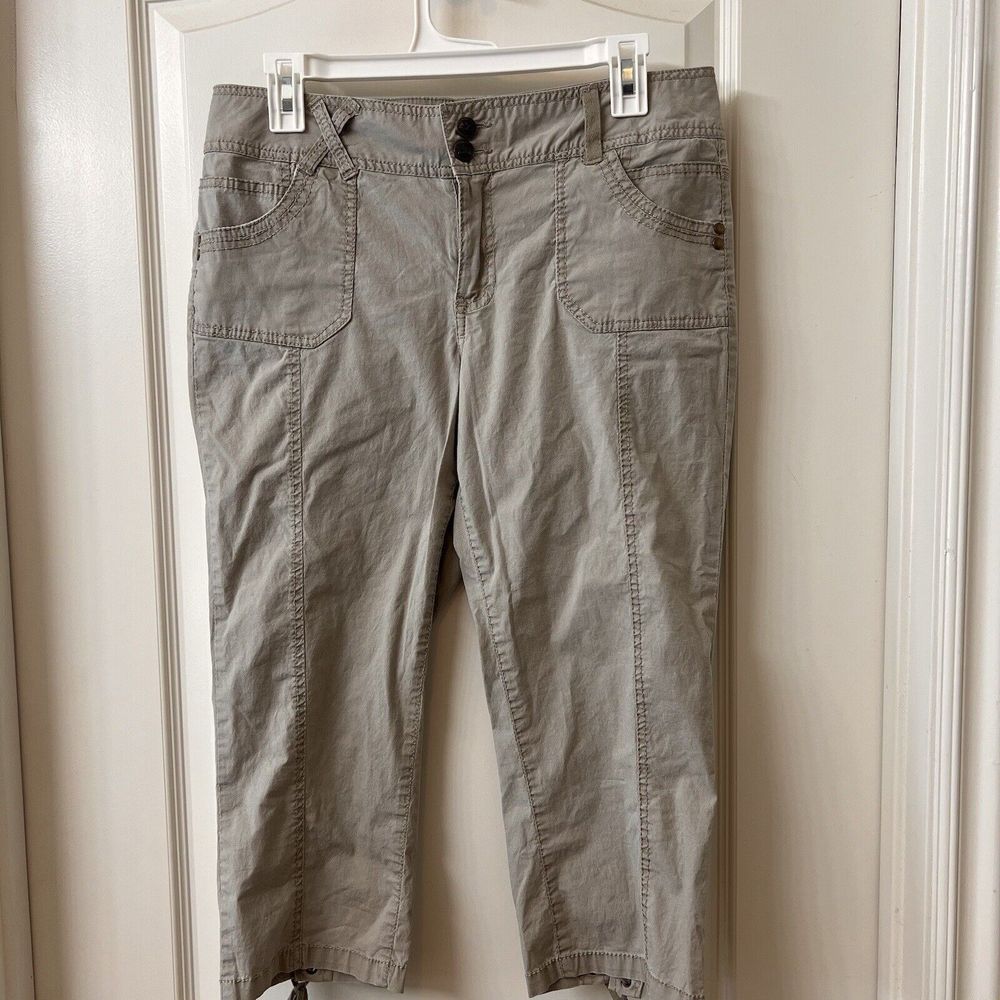 One5One Stretch Capri Khaki Pants Women's Size 10 Lace Legs Cotton Spandex